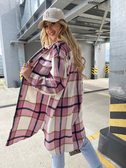 Plaid Coats- Winter Plaid Button-Up Collared Long Jacket- - Pekosa Women Clothing