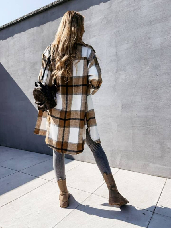 Plaid Coats- Winter Plaid Button-Up Collared Long Jacket- - Pekosa Women Clothing