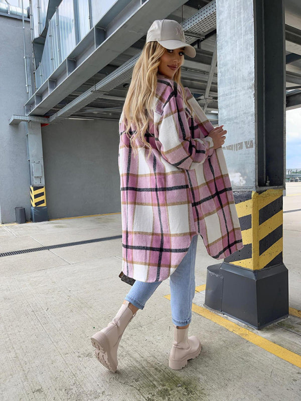 Plaid Coats- Winter Plaid Button-Up Collared Long Jacket- - Pekosa Women Clothing