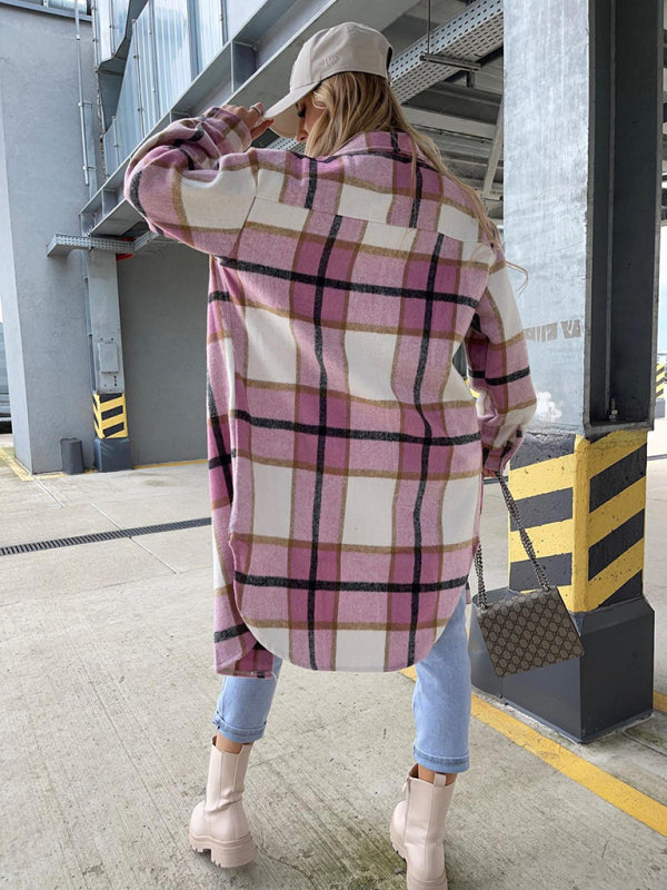 Plaid Coats- Winter Plaid Button-Up Collared Long Jacket- - Pekosa Women Clothing