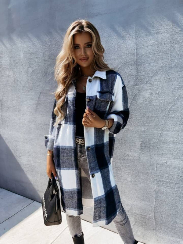 Plaid Coats- Winter Plaid Button-Up Collared Long Jacket- - Pekosa Women Clothing