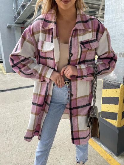 Plaid Coats- Winter Plaid Button-Up Collared Long Jacket- Pink- Pekosa Women Clothing