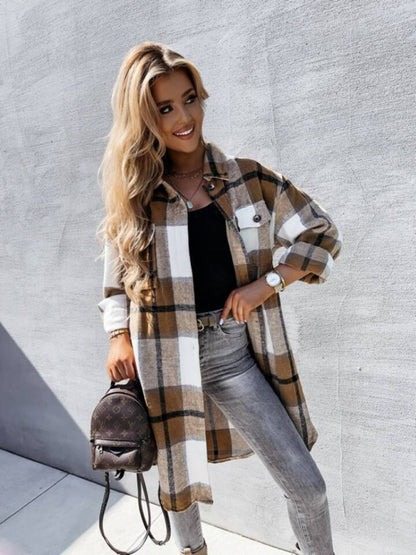 Plaid Coats- Winter Plaid Button-Up Collared Long Jacket- - Pekosa Women Clothing