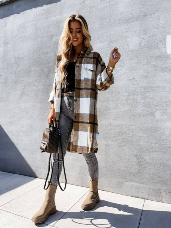 Plaid Coats- Winter Plaid Button-Up Collared Long Jacket- - Pekosa Women Clothing