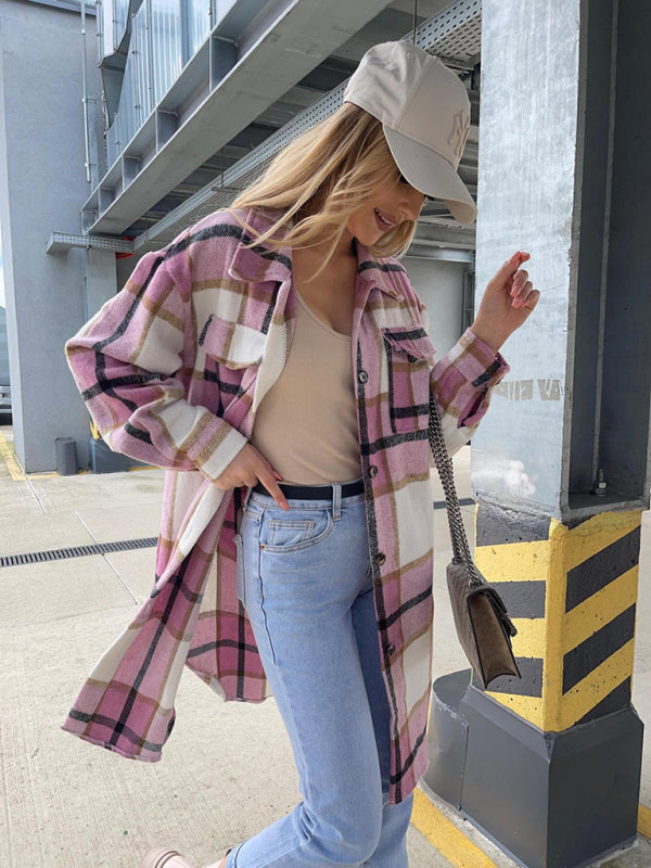 Plaid Coats- Winter Plaid Button-Up Collared Long Jacket- - Pekosa Women Clothing