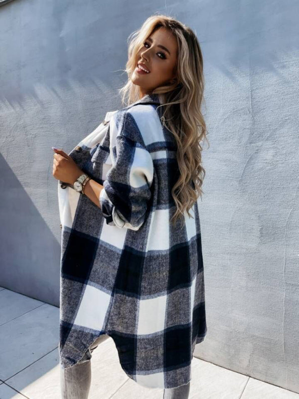 Plaid Coats- Winter Plaid Button-Up Collared Long Jacket- - Pekosa Women Clothing