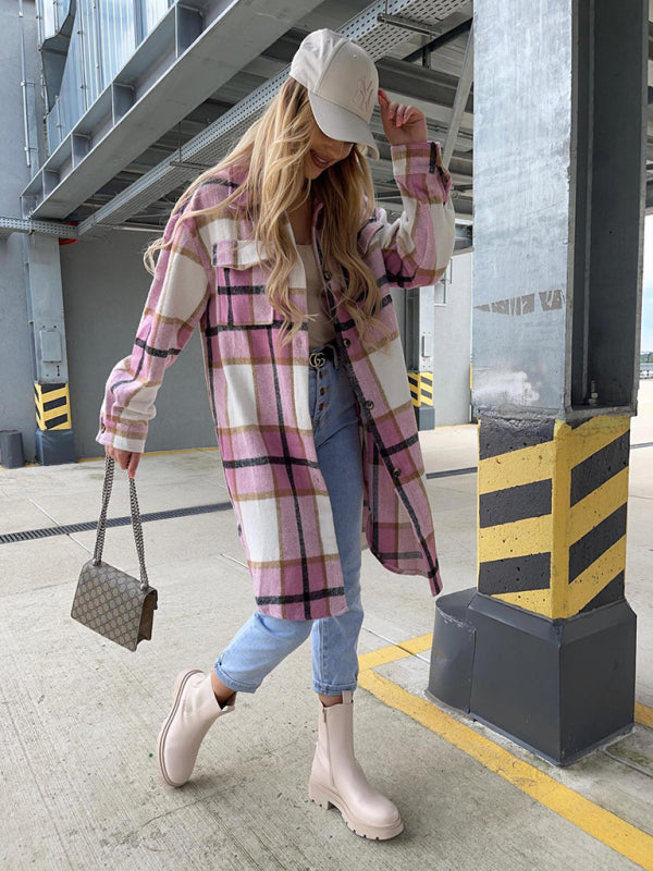 Plaid Coats- Winter Plaid Button-Up Collared Long Jacket- - Pekosa Women Clothing