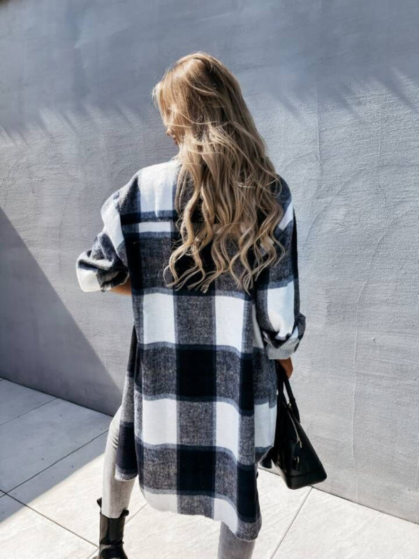 Plaid Coats- Winter Plaid Button-Up Collared Long Jacket- - Pekosa Women Clothing