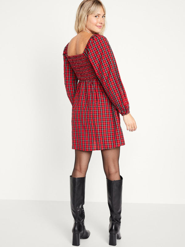 Plaid Dresses- Square Neck A-Line Dress in Festive Plaid with Pockets- - Pekosa Women Clothing