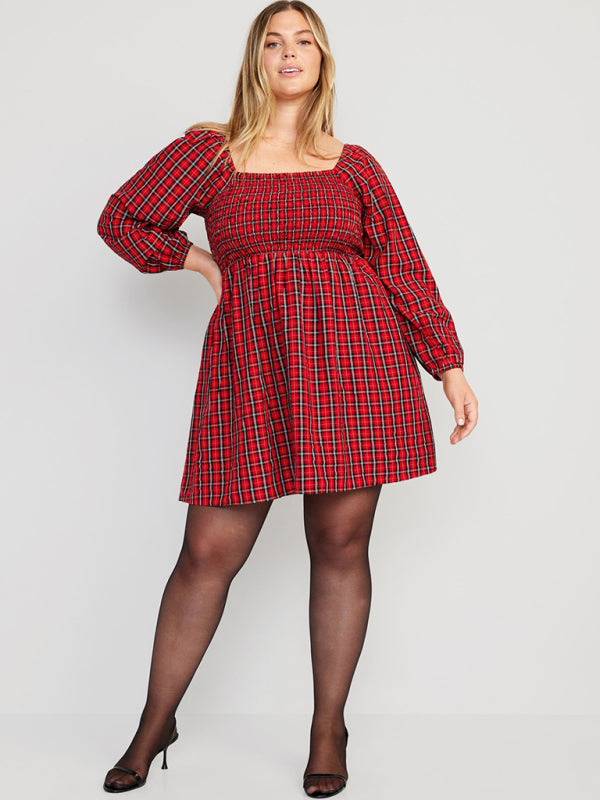 Plaid Dresses- Square Neck A-Line Dress in Festive Plaid with Pockets- - Pekosa Women Clothing