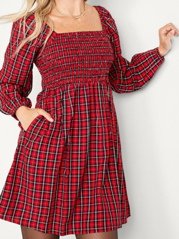 Plaid Dresses- Square Neck A-Line Dress in Festive Plaid with Pockets- - Pekosa Women Clothing