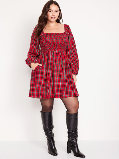 Plaid Dresses- Square Neck A-Line Dress in Festive Plaid with Pockets- - Pekosa Women Clothing