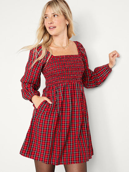 Plaid Dresses- Square Neck A-Line Dress in Festive Plaid with Pockets- Red- Pekosa Women Clothing