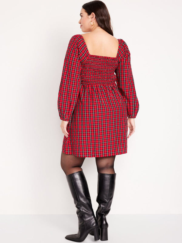 Plaid Dresses- Square Neck A-Line Dress in Festive Plaid with Pockets- - Pekosa Women Clothing