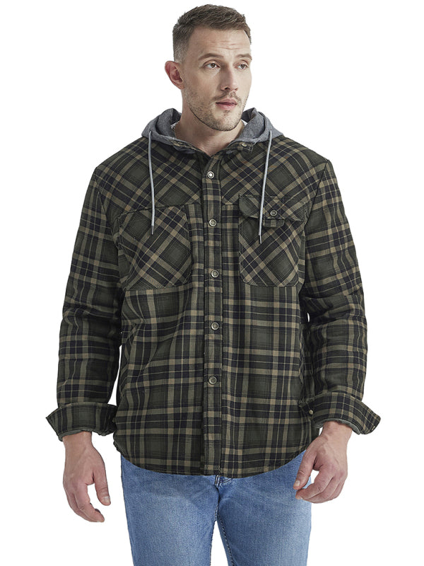 Plaid Jackets- Men’s Faux Fur Lined Patchwork Hoodie | Warmer Plaid Jacket- Green- Pekosa Women Clothing