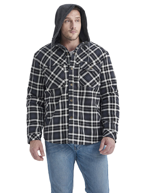 Plaid Jackets- Men’s Faux Fur Lined Patchwork Hoodie | Warmer Plaid Jacket- Grey- Pekosa Women Clothing