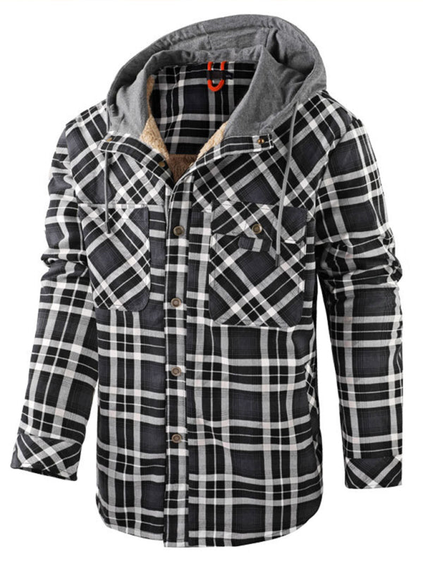 Plaid Jackets- Men’s Faux Fur Lined Patchwork Hoodie | Warmer Plaid Jacket- - Pekosa Women Clothing