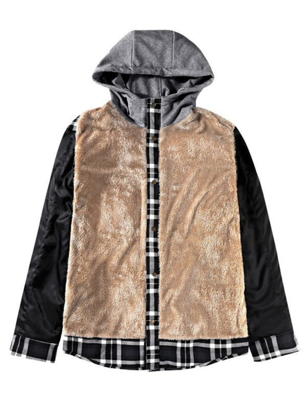 Plaid Jackets- Men’s Faux Fur Lined Patchwork Hoodie | Warmer Plaid Jacket- - Pekosa Women Clothing