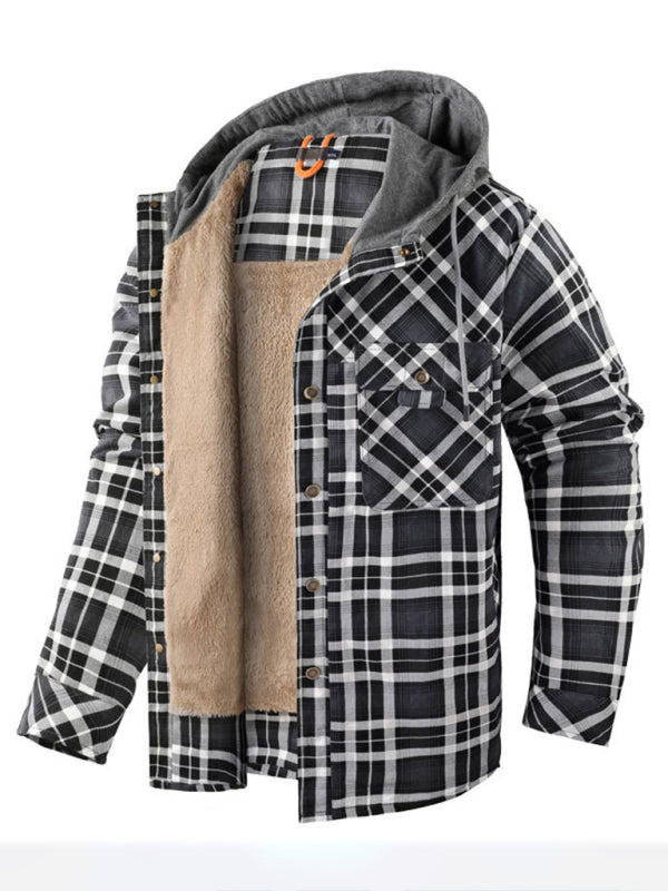 Plaid Jackets- Men’s Faux Fur Lined Patchwork Hoodie | Warmer Plaid Jacket- - Pekosa Women Clothing