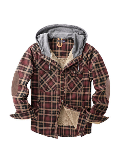 Plaid Jackets- Men’s Faux Fur Lined Patchwork Hoodie | Warmer Plaid Jacket- - Pekosa Women Clothing