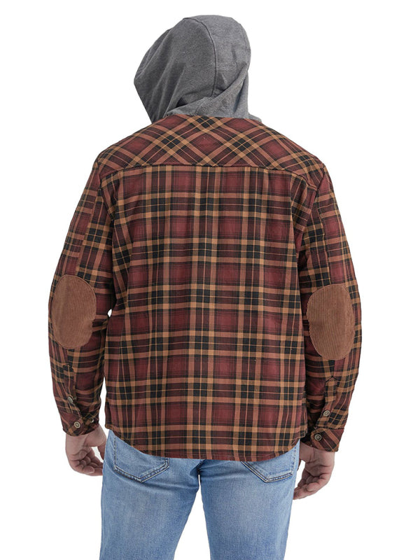 Plaid Jackets- Men’s Faux Fur Lined Patchwork Hoodie | Warmer Plaid Jacket- - Pekosa Women Clothing