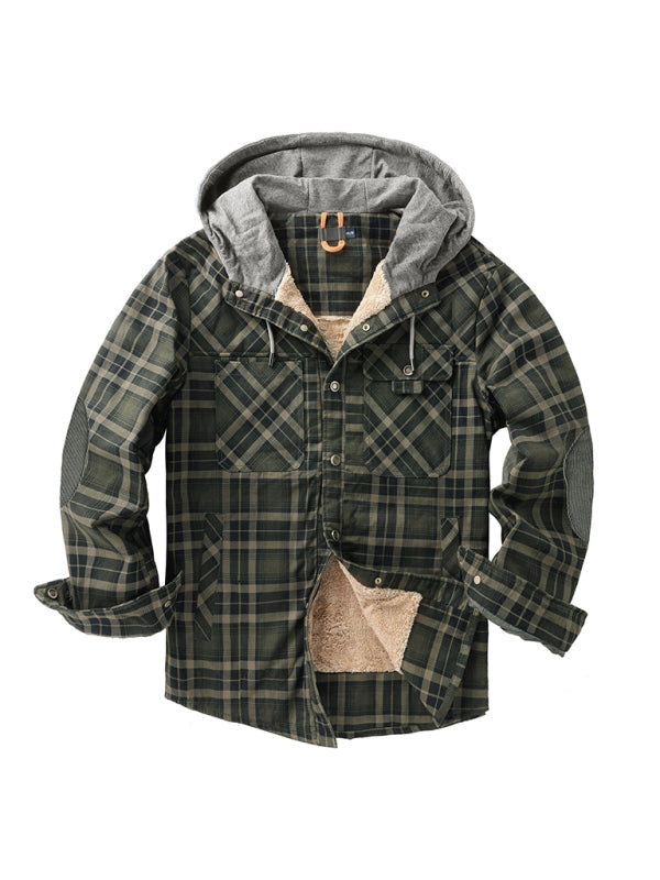 Plaid Jackets- Men’s Faux Fur Lined Patchwork Hoodie | Warmer Plaid Jacket- - Pekosa Women Clothing