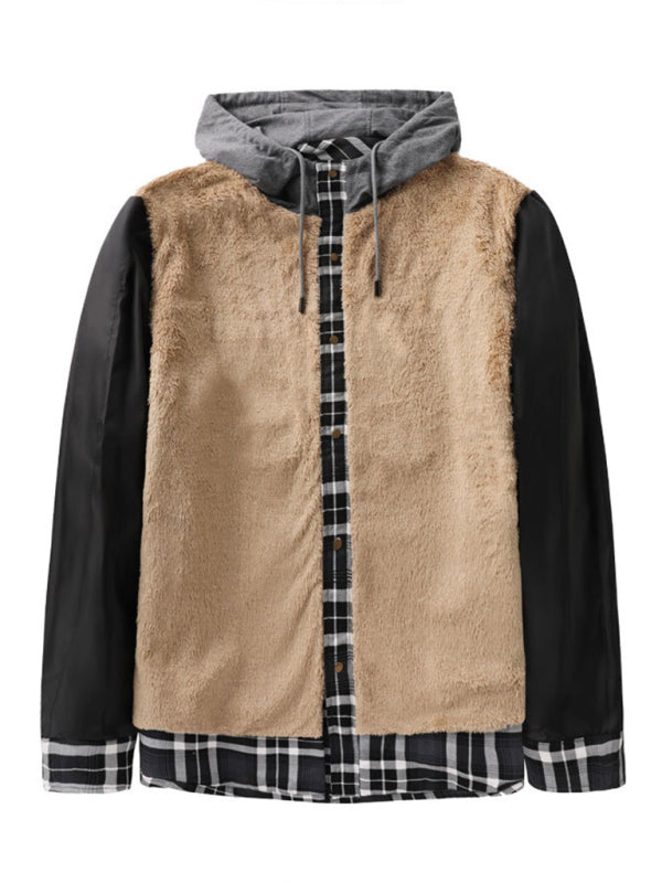 Plaid Jackets- Men’s Faux Fur Lined Patchwork Hoodie | Warmer Plaid Jacket- - Pekosa Women Clothing