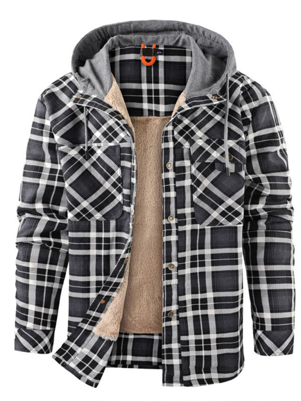 Plaid Jackets- Men’s Faux Fur Lined Patchwork Hoodie | Warmer Plaid Jacket- - Pekosa Women Clothing