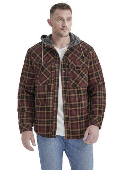 Plaid Jackets- Men’s Faux Fur Lined Patchwork Hoodie | Warmer Plaid Jacket- Coffee- Pekosa Women Clothing