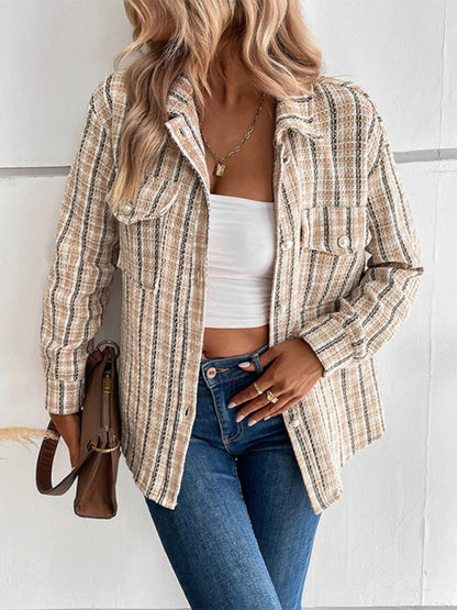 Plaid Jackets- Plaid Textured Pearls Button Notch Lapels Jacket- - Pekosa Women Clothing