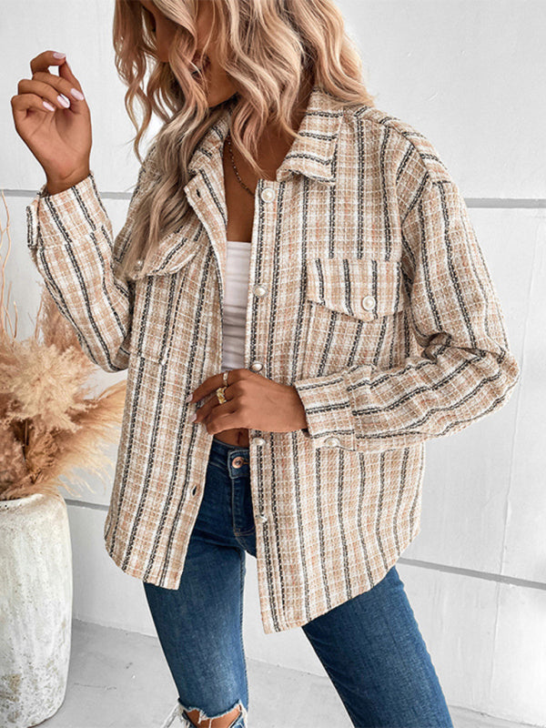 Plaid Jackets- Plaid Textured Pearls Button Notch Lapels Jacket- - Pekosa Women Clothing