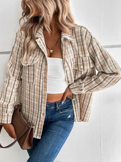 Plaid Jackets- Plaid Textured Pearls Button Notch Lapels Jacket- - Pekosa Women Clothing