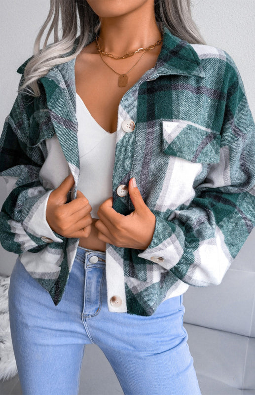 Plaid Jackets- Plaid Tweed Crop Jacket- Green- Pekosa Women Clothing