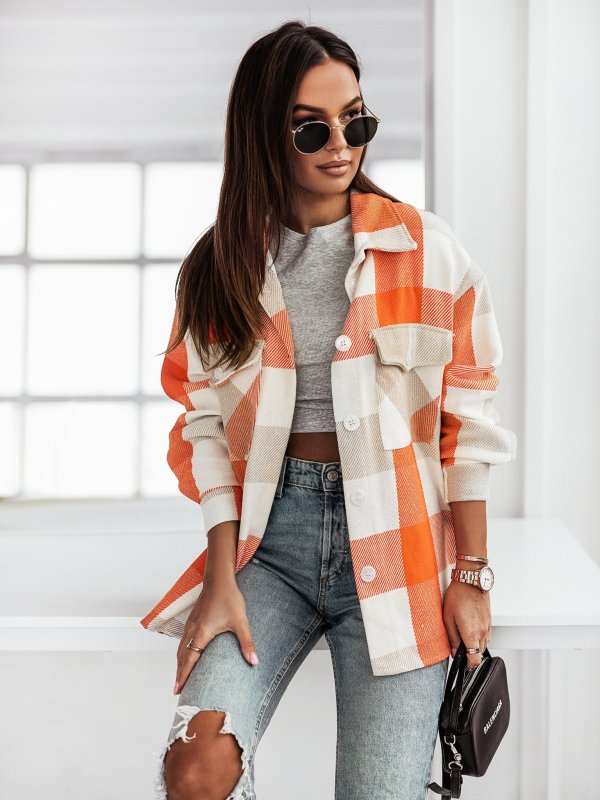 Plaid Jackets- Plaid Wool Button Jacket Overshirt- Orange- Pekosa Women Clothing