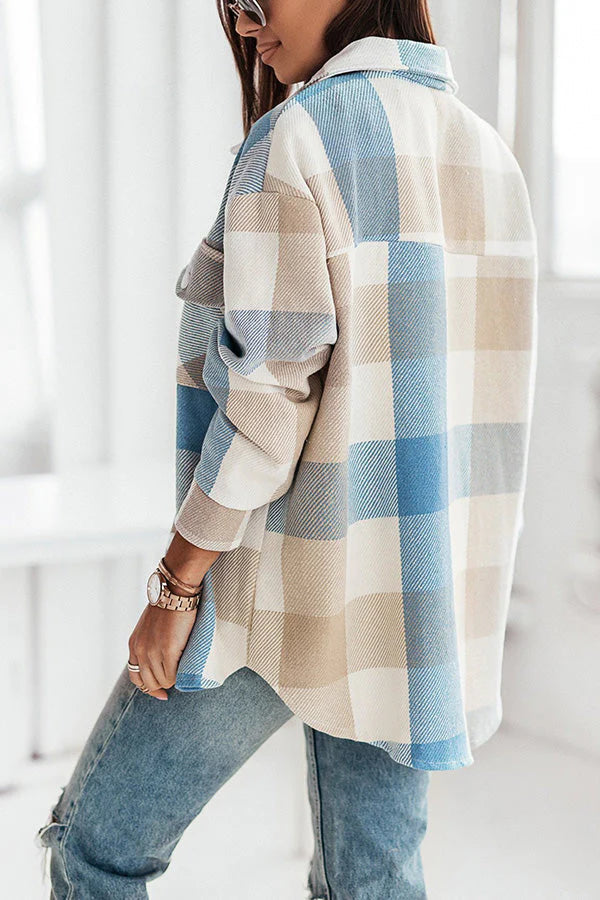 Plaid Jackets- Plaid Wool Button Jacket Overshirt- - Pekosa Women Clothing