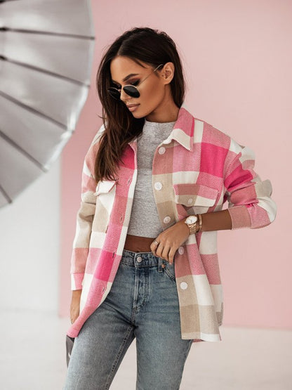 Plaid Jackets- Plaid Wool Button Jacket Overshirt- Pink- Pekosa Women Clothing