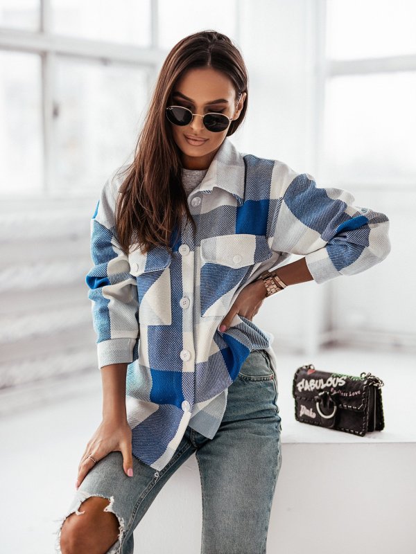 Plaid Jackets- Plaid Wool Button Jacket Overshirt- Blue- Pekosa Women Clothing