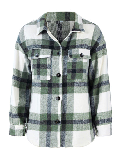 Plaid Jackets- Plaid Wool Drop Shoulder Shirt Jacket- - Pekosa Women Clothing