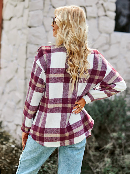 Plaid Jackets- Plaid Wool Drop Shoulder Shirt Jacket- - Pekosa Women Clothing