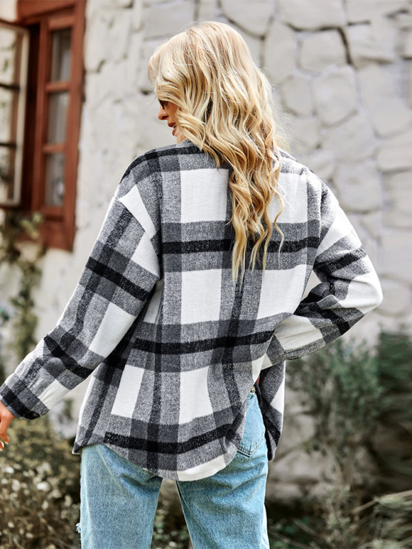 Plaid Jackets- Plaid Wool Drop Shoulder Shirt Jacket- - Pekosa Women Clothing