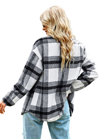 Plaid Jackets- Plaid Wool Drop Shoulder Shirt Jacket- - Pekosa Women Clothing