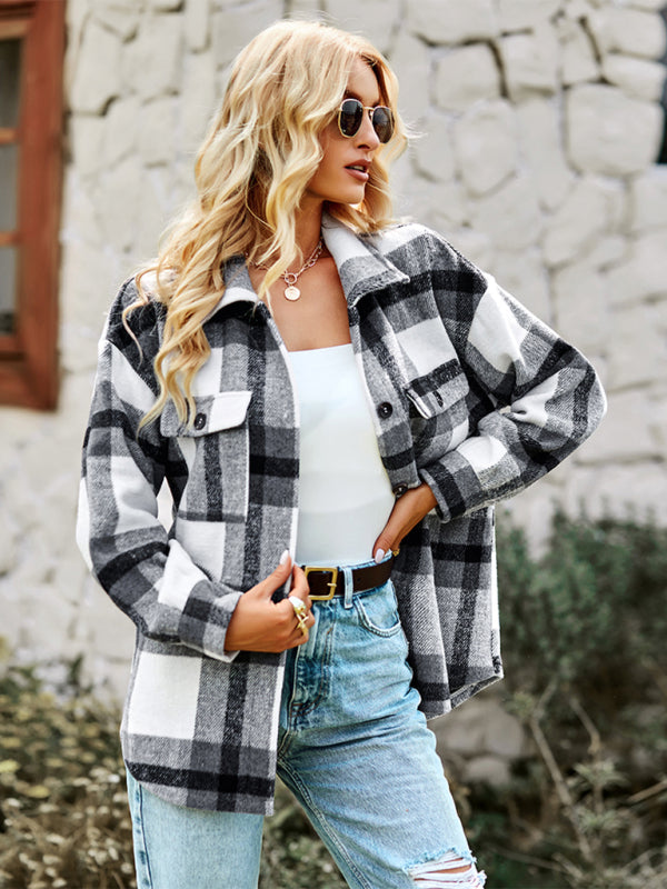 Plaid Jackets- Plaid Wool Drop Shoulder Shirt Jacket- - Pekosa Women Clothing