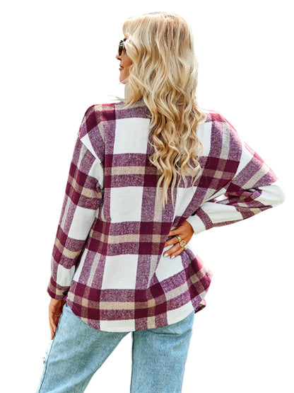 Plaid Jackets- Plaid Wool Drop Shoulder Shirt Jacket- - Pekosa Women Clothing