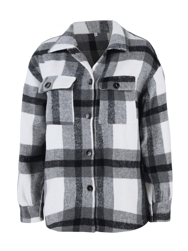 Plaid Jackets- Plaid Wool Drop Shoulder Shirt Jacket- - Pekosa Women Clothing