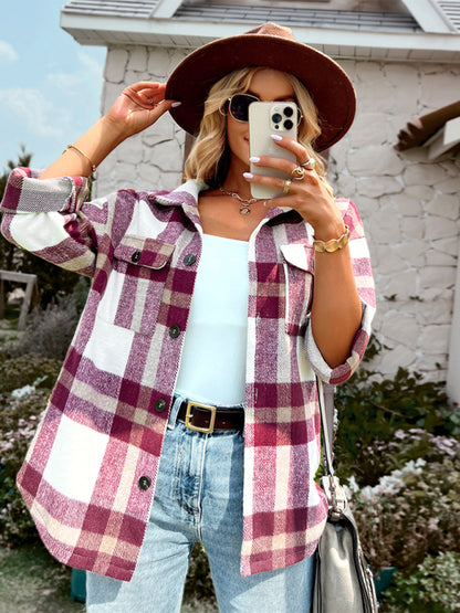 Plaid Jackets- Plaid Wool Drop Shoulder Shirt Jacket- - Pekosa Women Clothing