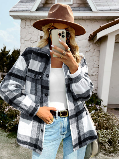 Plaid Jackets- Plaid Wool Drop Shoulder Shirt Jacket- - Pekosa Women Clothing