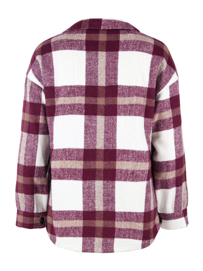 Plaid Jackets- Plaid Wool Drop Shoulder Shirt Jacket- - Pekosa Women Clothing