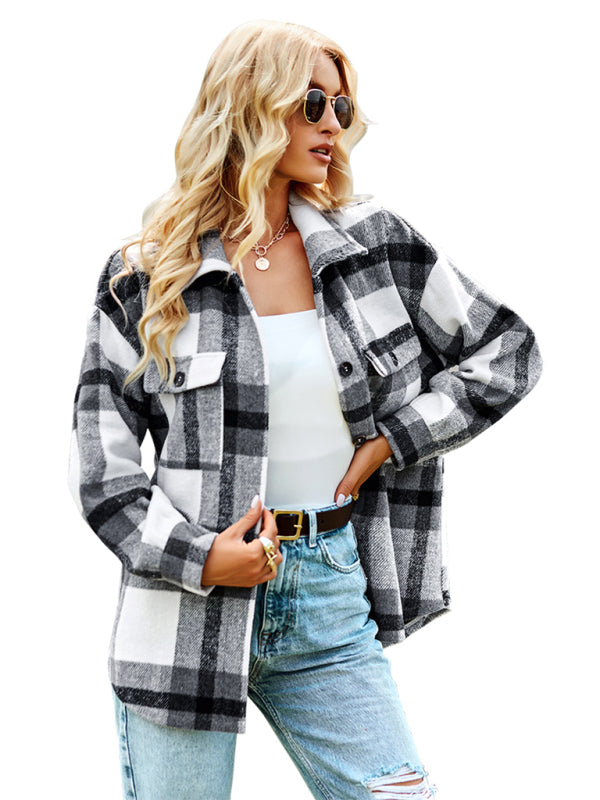 Plaid Jackets- Plaid Wool Drop Shoulder Shirt Jacket- - Pekosa Women Clothing