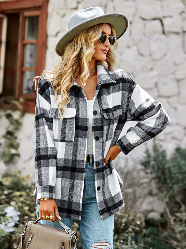 Plaid Jackets- Plaid Wool Drop Shoulder Shirt Jacket- - Pekosa Women Clothing