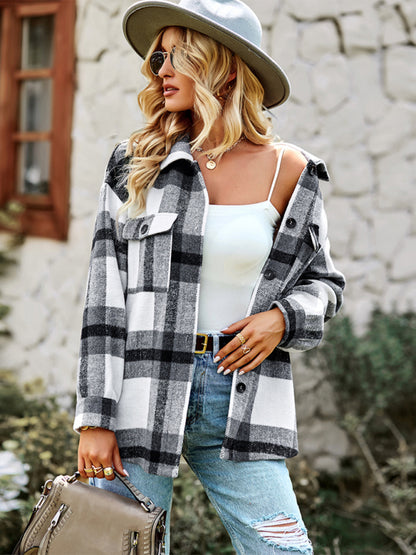 Plaid Jackets- Plaid Wool Drop Shoulder Shirt Jacket- - Pekosa Women Clothing